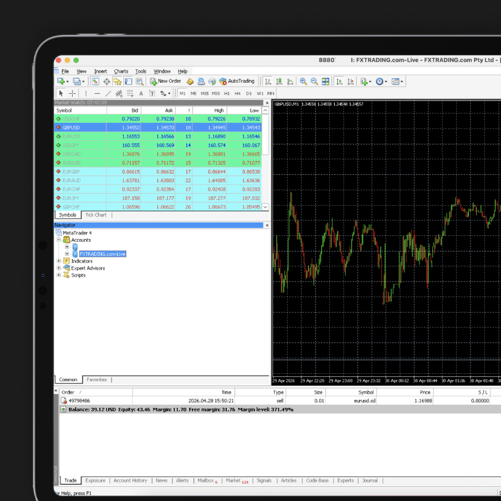 FXT CFD 거래 플랫폼이 표시된 태블릿. XAU/USD 캔들스틱 차트, MACD 지표 및 주문 입력 패널이 보입니다