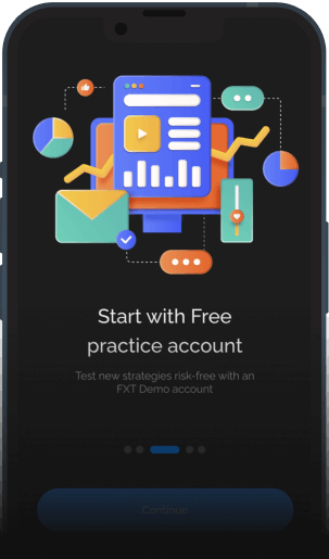 A phone that shows a slide that says Start with Free practice account