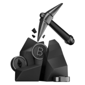 The pick strikes the chip with bitcoin and ethereum coins on it