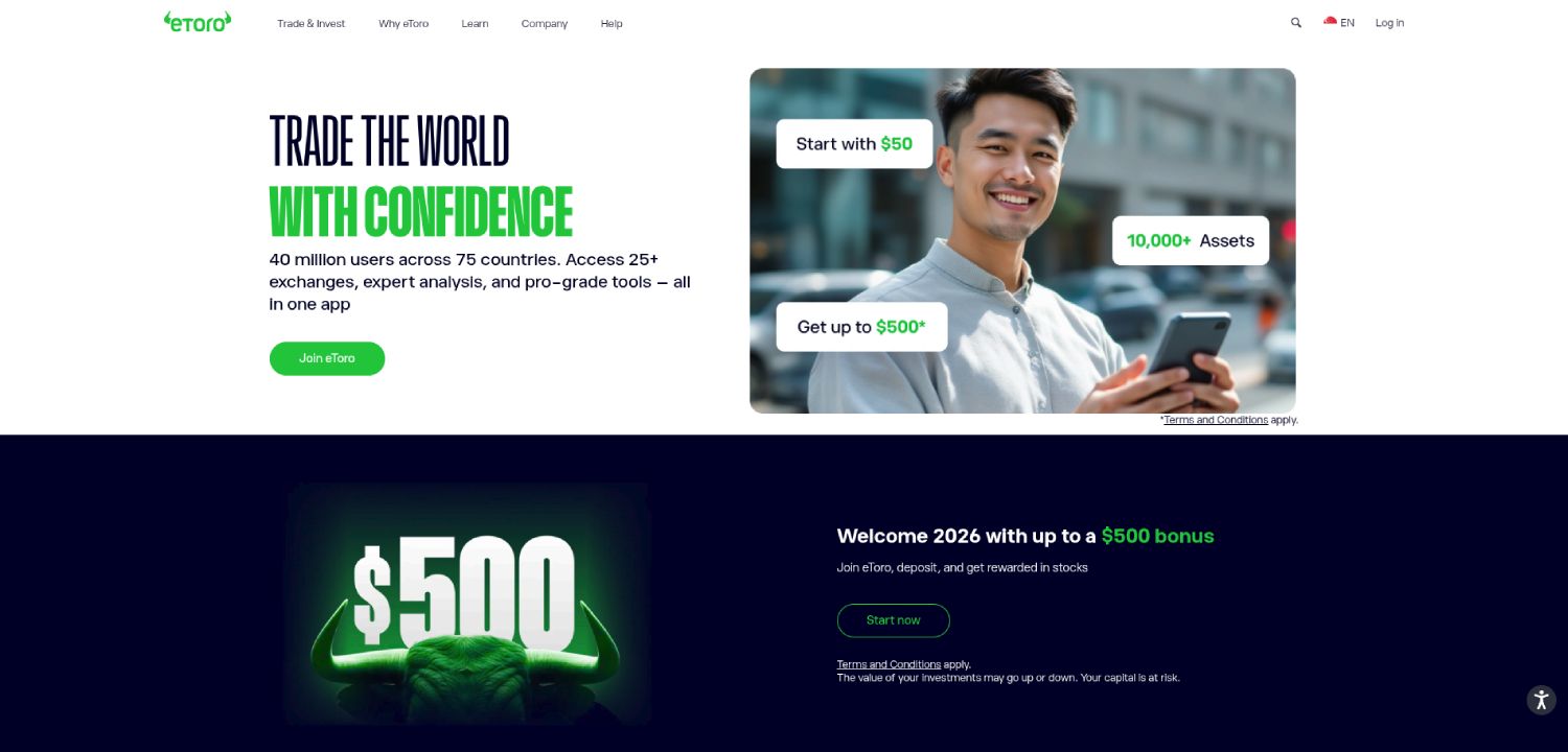 Best Forex Broker in Singapore for High Leverage and Low Fees (2026 Guide) 6 eToro Singapore Forex broker website homepage