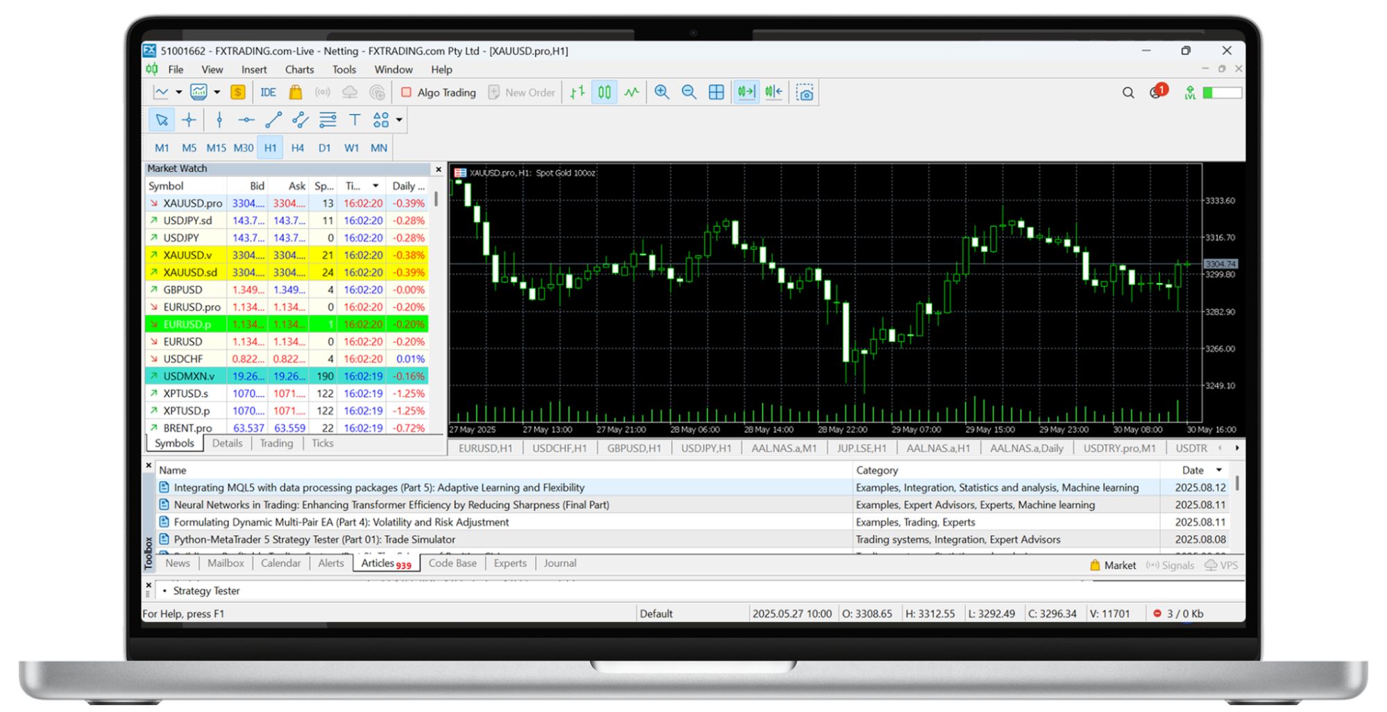 Choosing Between MT4 and MT5 in the UK: How British Traders Use These Platforms in Practice 4 MT5 trading platform interface displaying XAUUSD price charts and market watch data used by MT5 MT4 brokers in the UK
