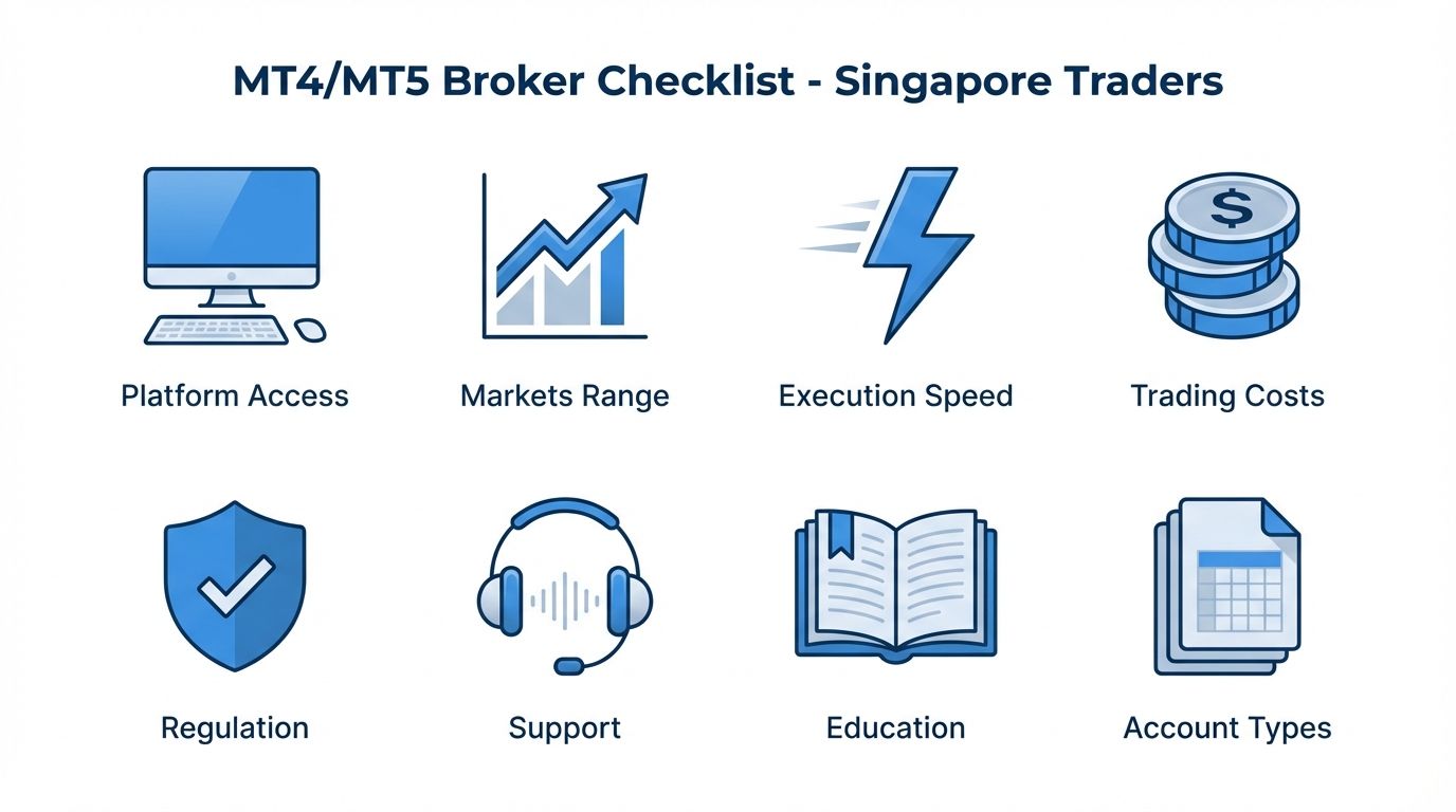MT4 and MT5 broker checklist infographic outlining platform access, markets range, execution speed, trading costs, regulation, support, and education for mt5 mt4 brokers in Singapore