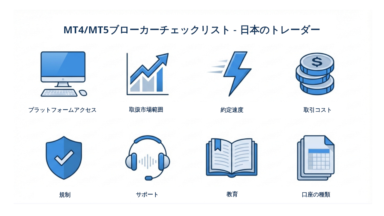 MT5・MT4対応ブローカーを日本で選ぶなら|トレーダーが知るべき全知識 5 日本のMT5/MT4ブローカーのプラットフォームアクセス、市場範囲、実行速度、取引コスト、規制、サポート、教育を概説したMT4およびMT5ブローカーチェックリストインフォグラフィック