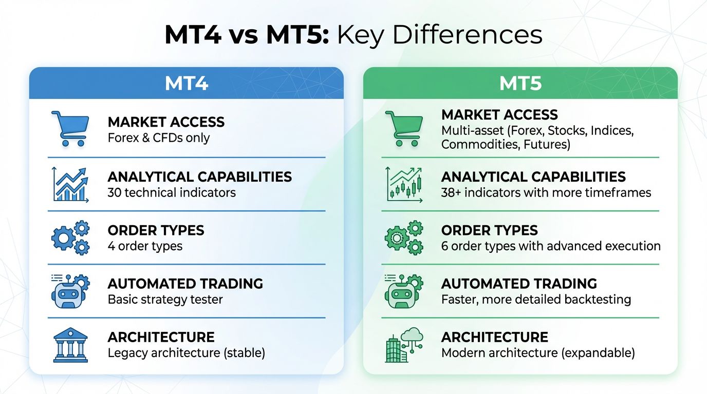 MT4 vs MT5 comparison infographic showing key differences in market access, indicators, order types, and automation, helping traders evaluate mt5 mt4 brokers in Singapore