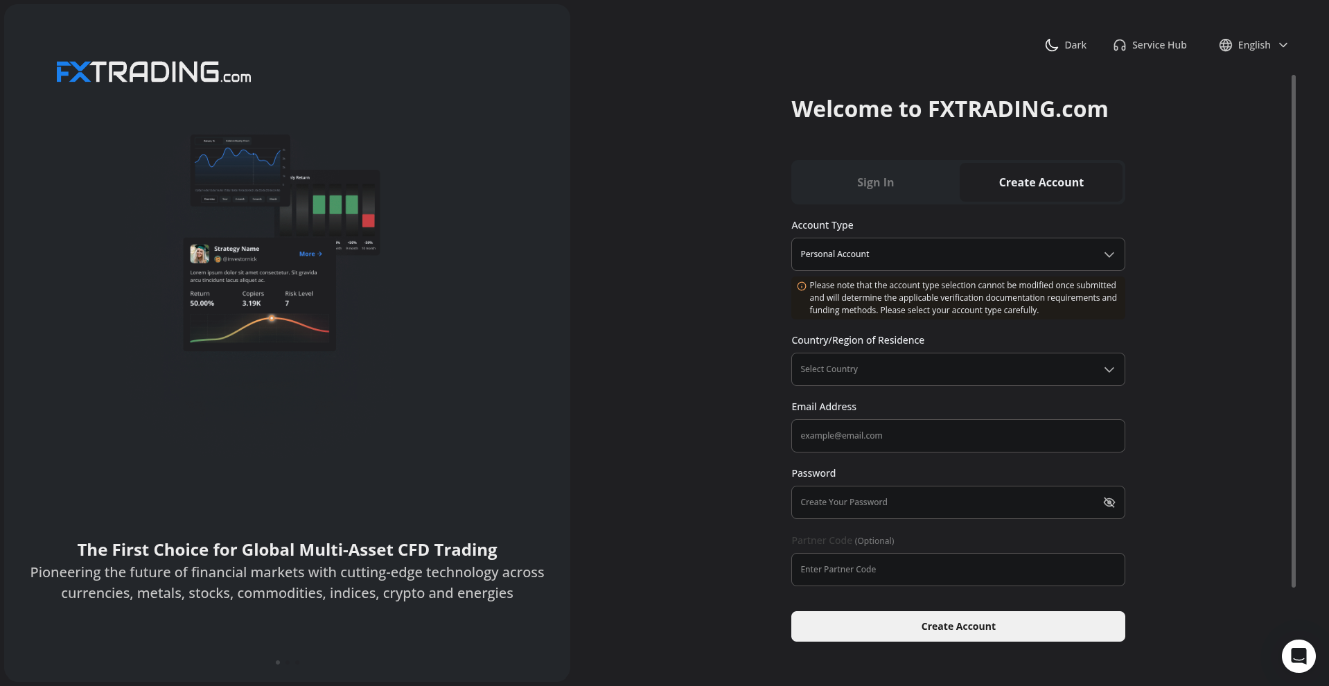 FXTRADING demo account creation screen